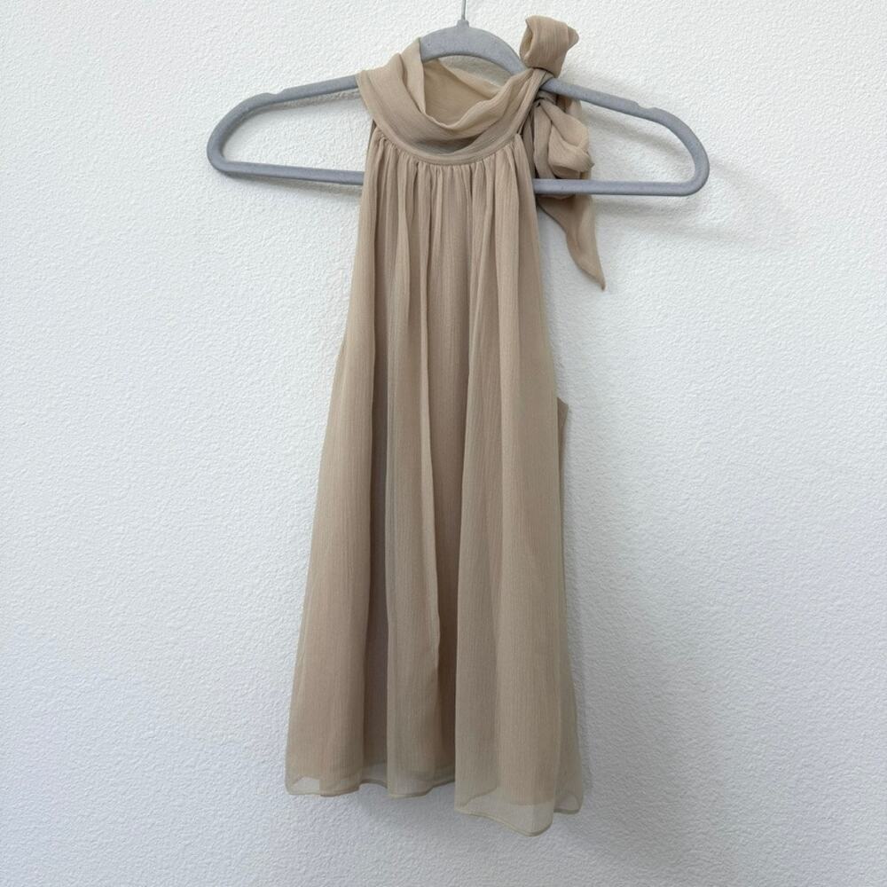 THEORY‎ Halter Bow Top Silk Crinkle Sleeveless Tan Minimalist Size S